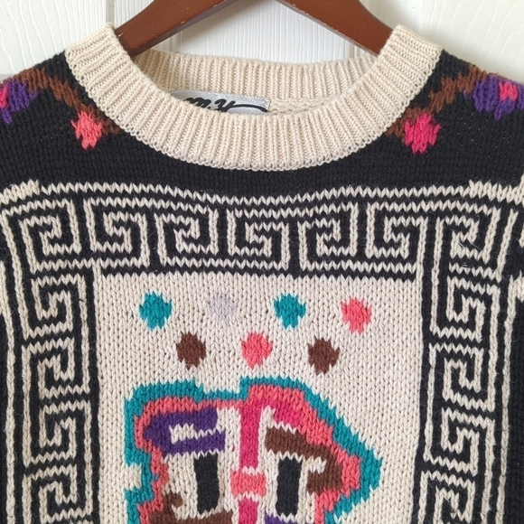 My 90's Vintage Funky Multicolored Abstract Knit Chunky Crewneck Sweater Cream M - Picture 2 of 12